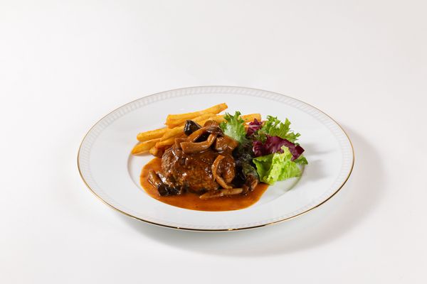 Junior Steak Frites: Hamburger Steak, Mushroom Demi-glace Sauce, Fries
