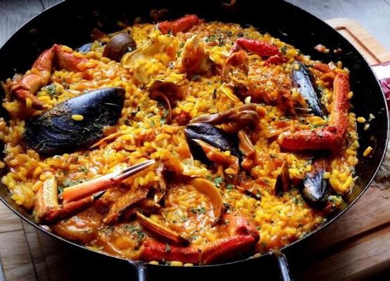 Fish And Seafood Paella And Blanc De Pacs White Wine. Minimum Order 2 People
