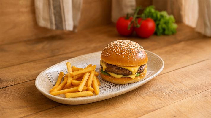 Cheeseburger ชีสเบอร์เกอร์ เสิร์ฟพร้อมมันฝรั่งทอด
