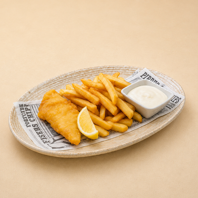 Fish & Chips With Lemongrass Aioli ฟิชแอนด์ชิปส์ เสิร์ฟพร้อมซอสไอโอลีตะไคร้"