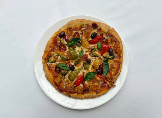 Roast Mediterranean Vegetables & Olive Pizza
