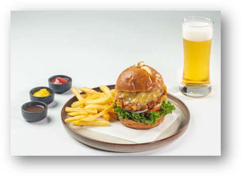 Fried Chicken Burger in Pretzel Bun and Beer