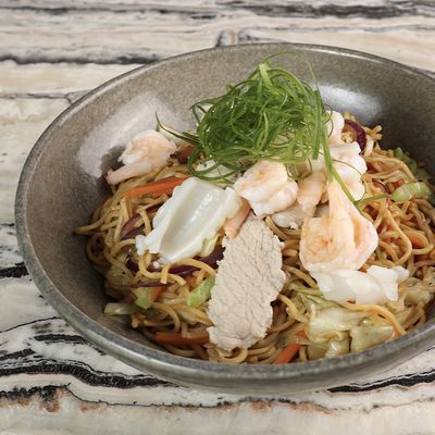 Braised E-Fu Noodles With Seafood, Pork And Vegetables